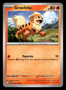 Voorkant Growlithe 58/165 uit 151 Common Near Mint conditie Pokémon kaart productfoto
