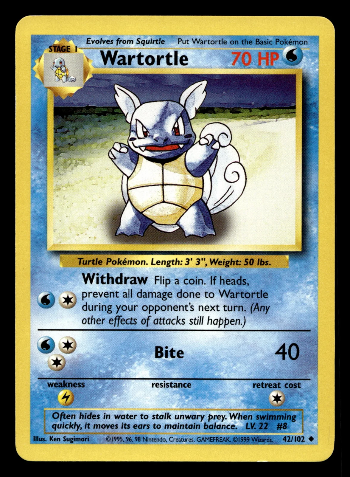 Voorkant Wartortle 42/102 uit Base Set Uncommon Excellent conditie Pokémon kaart productfoto EX 1