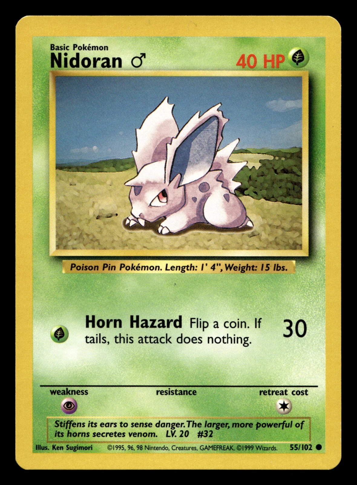 Voorkant Nidoran ♂ 55/102 uit Base Set Common Excellent + conditie Pokémon kaart productfoto EX+ 2/3