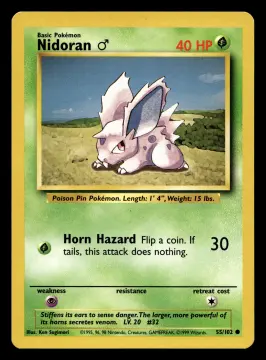 Voorkant Nidoran ♂ 55/102 uit Base Set Common Excellent + conditie Pokémon kaart productfoto EX+ 2/3