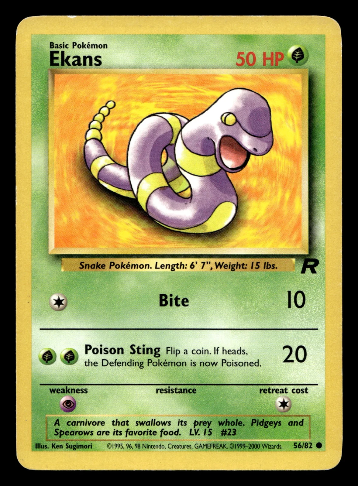 Voorkant Ekans 56/82 uit Team Rocket Common Good conditie Pokémon kaart productfoto