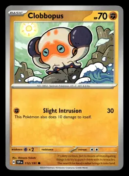 Voorkant Clobbopus 112/191 uit Surging Sparks Common Near Mint conditie Pokémon kaart productfoto