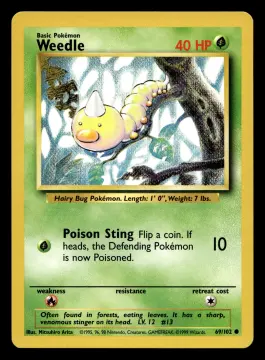 Voorkant Weedle 69/102 uit Base Set Common Near Mint + conditie Pokémon kaart productfoto NM+ 1