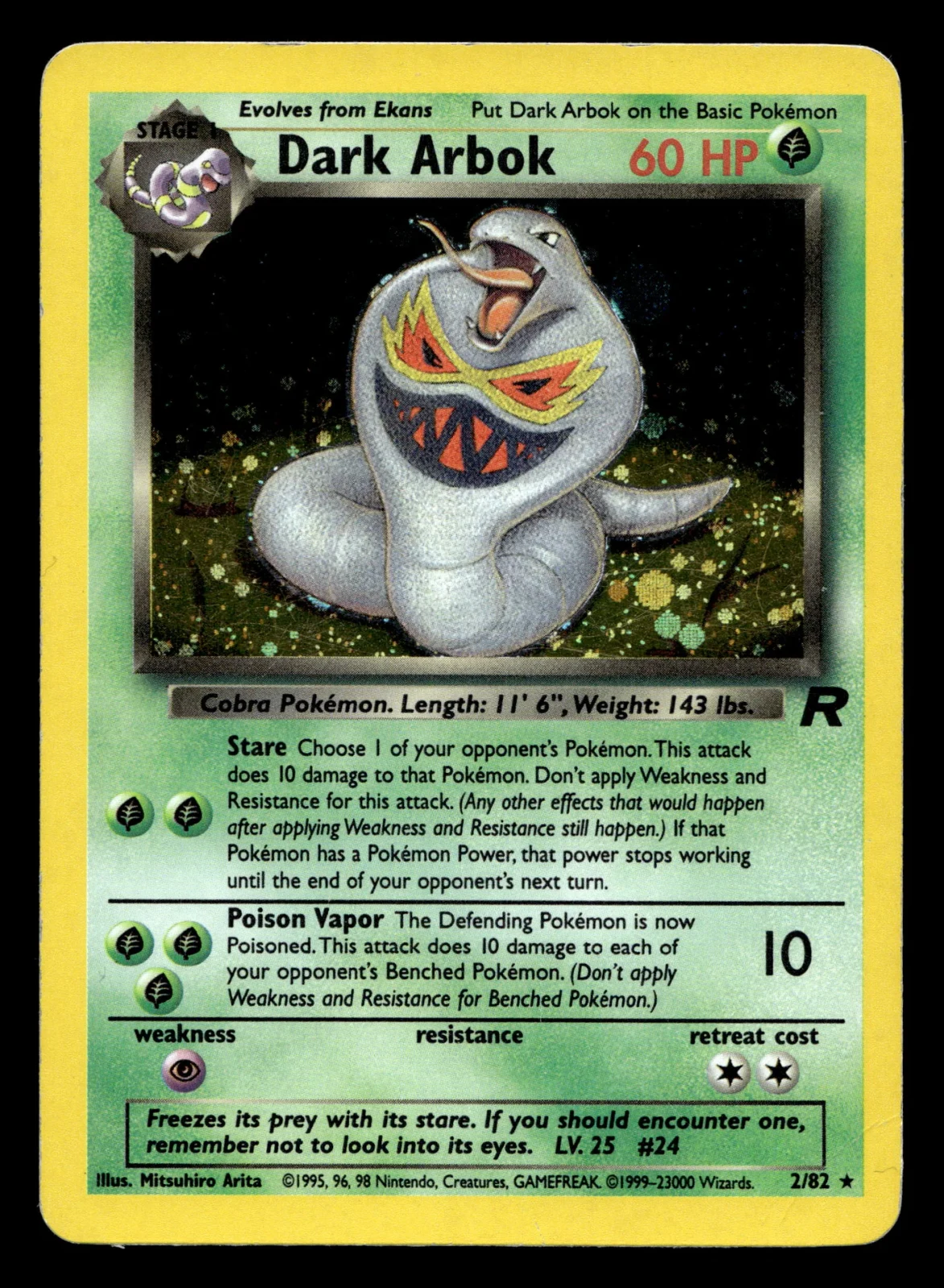 Voorkant Dark Arbok 2/82 uit Team Rocket Rare Holo Light Played conditie Pokémon kaart productfoto