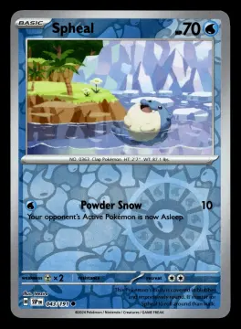 Voorkant Spheal 43/191 uit Surging Sparks Common Near Mint conditie Pokémon kaart productfoto