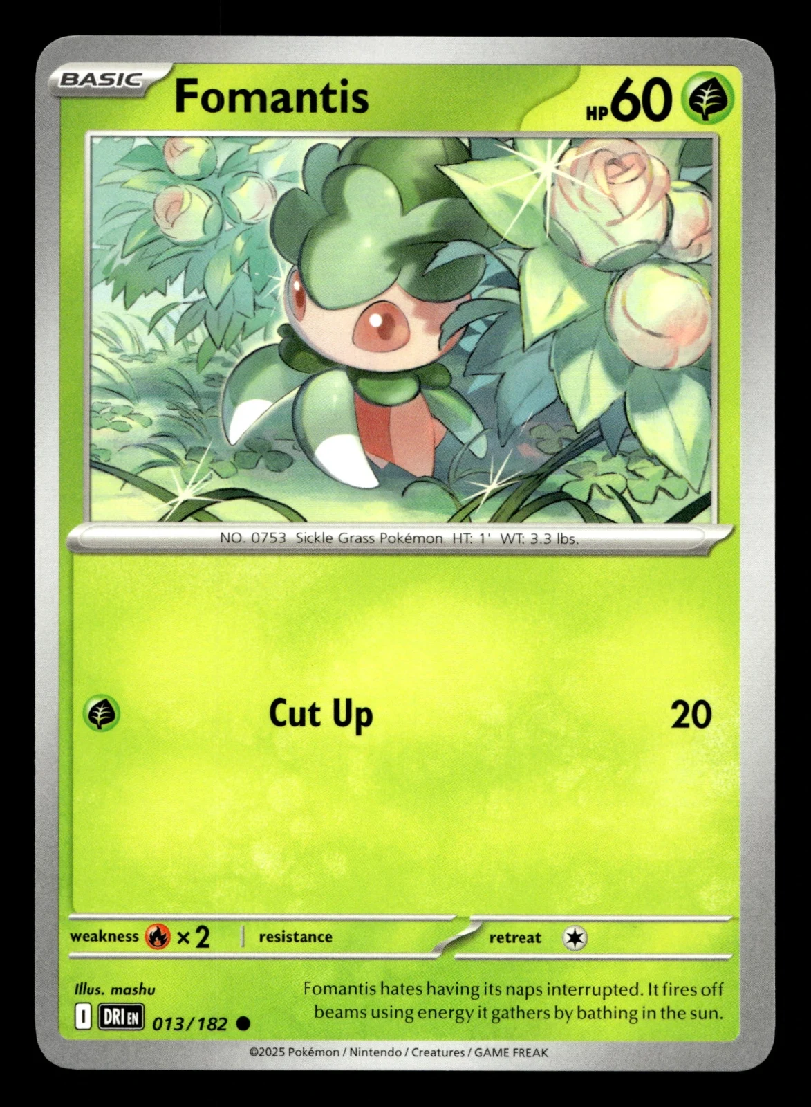 Voorkant Fomantis 13/182 uit Destined Rivals Common Near Mint conditie Pokémon kaart productfoto