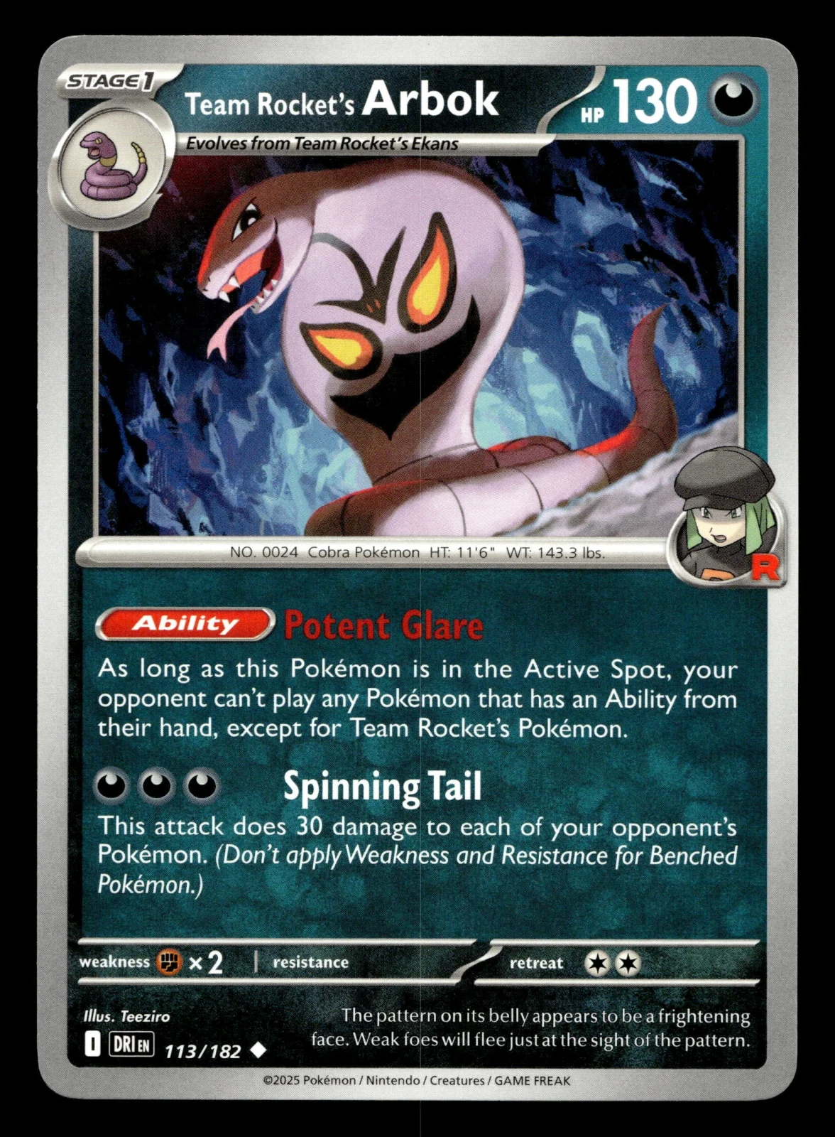 Voorkant Team Rocket's Arbok 113/182 uit Destined Rivals Uncommon Near Mint conditie Pokémon kaart productfoto