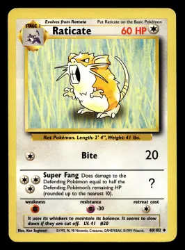 Voorkant Raticate 40/102 uit Base Set Uncommon Excellent + conditie Pokémon kaart productfoto EX+ 1