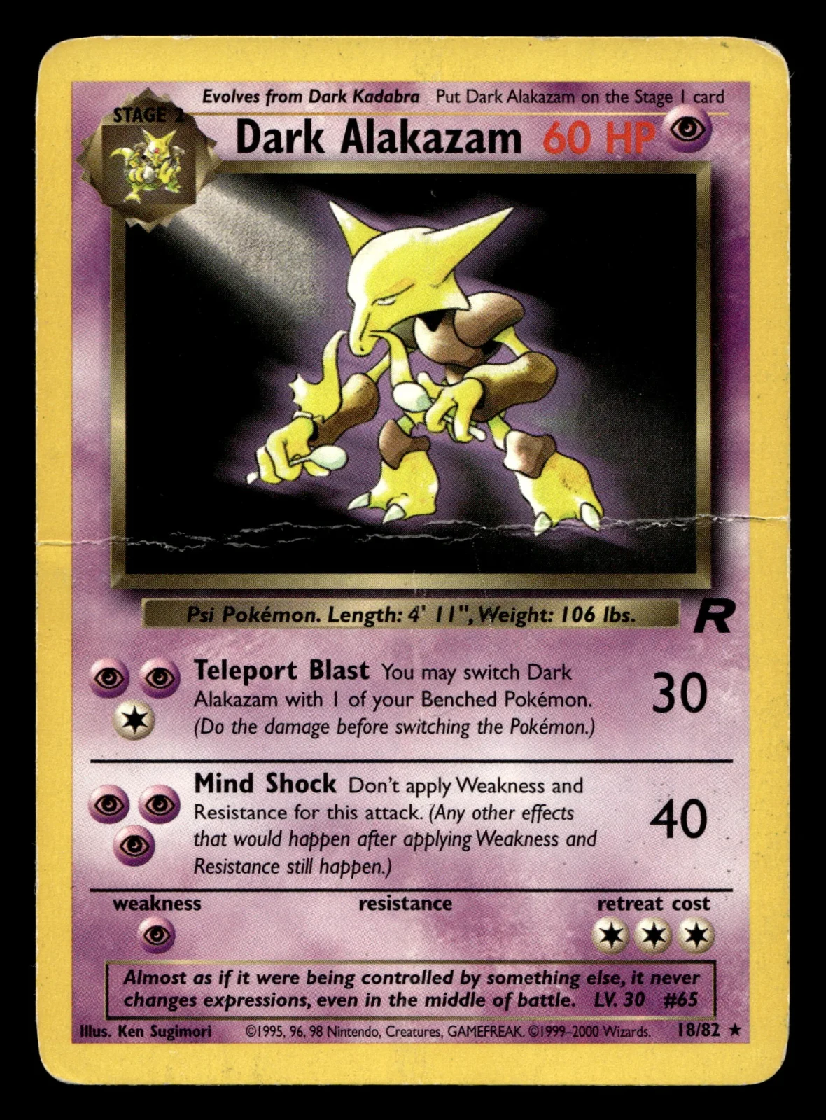 Voorkant Dark Alakazam 18/82 uit Team Rocket Rare Poor conditie Pokémon kaart productfoto