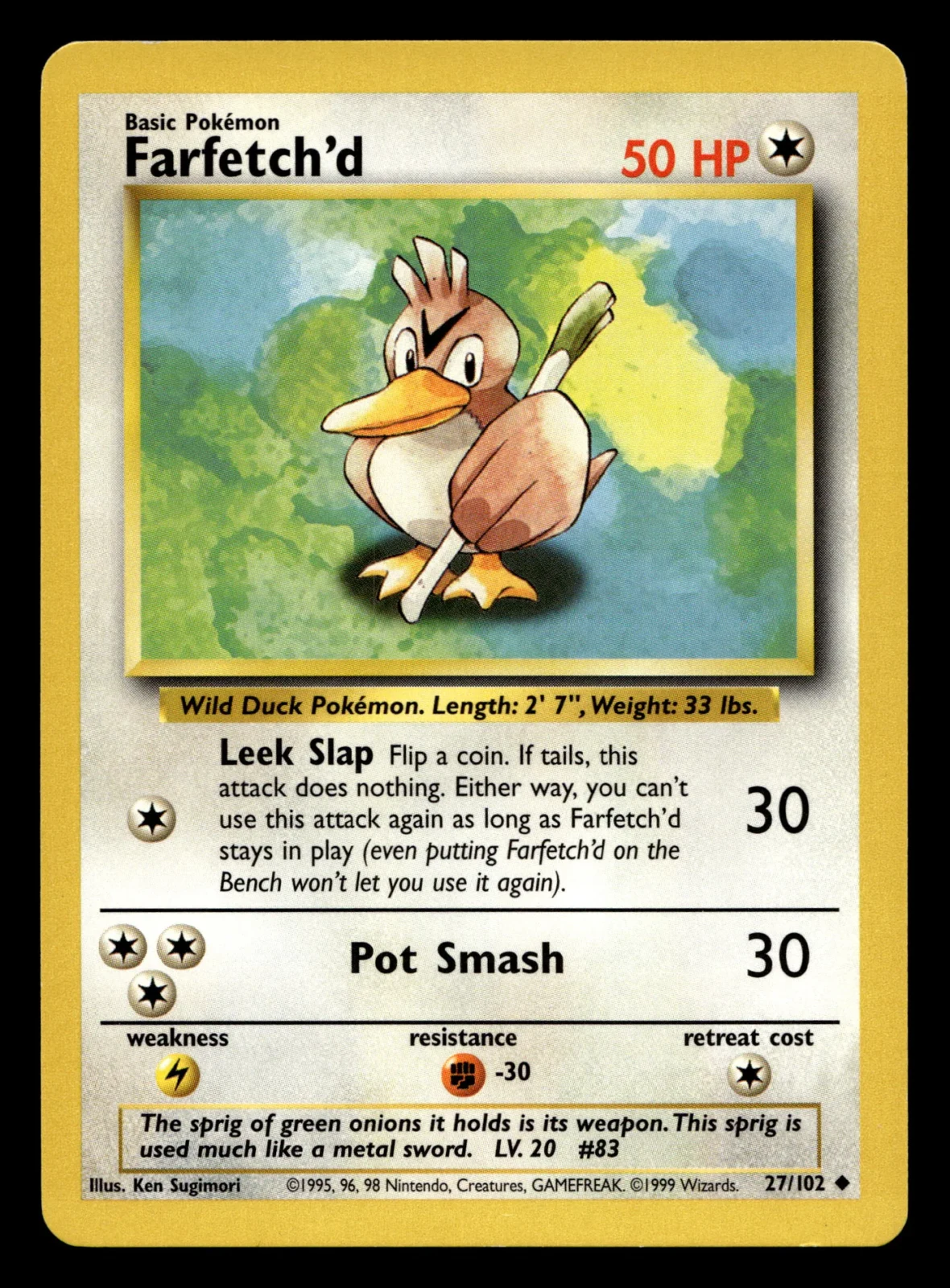 Voorkant Farfetch'd 27/102 uit Base Set Uncommon Excellent + conditie Pokémon kaart productfoto EX+ 1