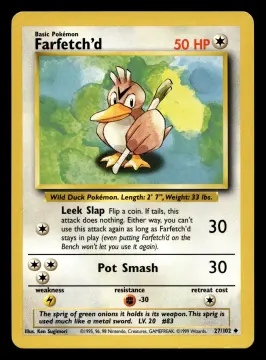 Voorkant Farfetch'd 27/102 uit Base Set Uncommon Excellent + conditie Pokémon kaart productfoto EX+ 1