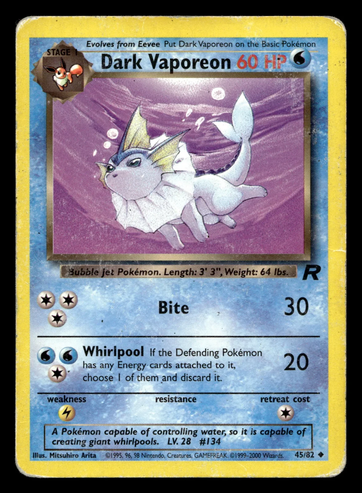 Voorkant Dark Vaporeon 45/82 uit Team Rocket Uncommon Played conditie Pokémon kaart productfoto