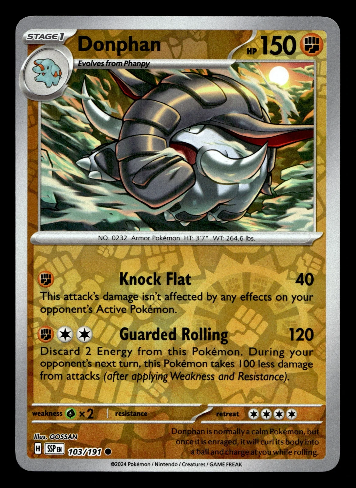 Voorkant Donphan 103/191 uit Surging Sparks Common Near Mint conditie Pokémon kaart productfoto