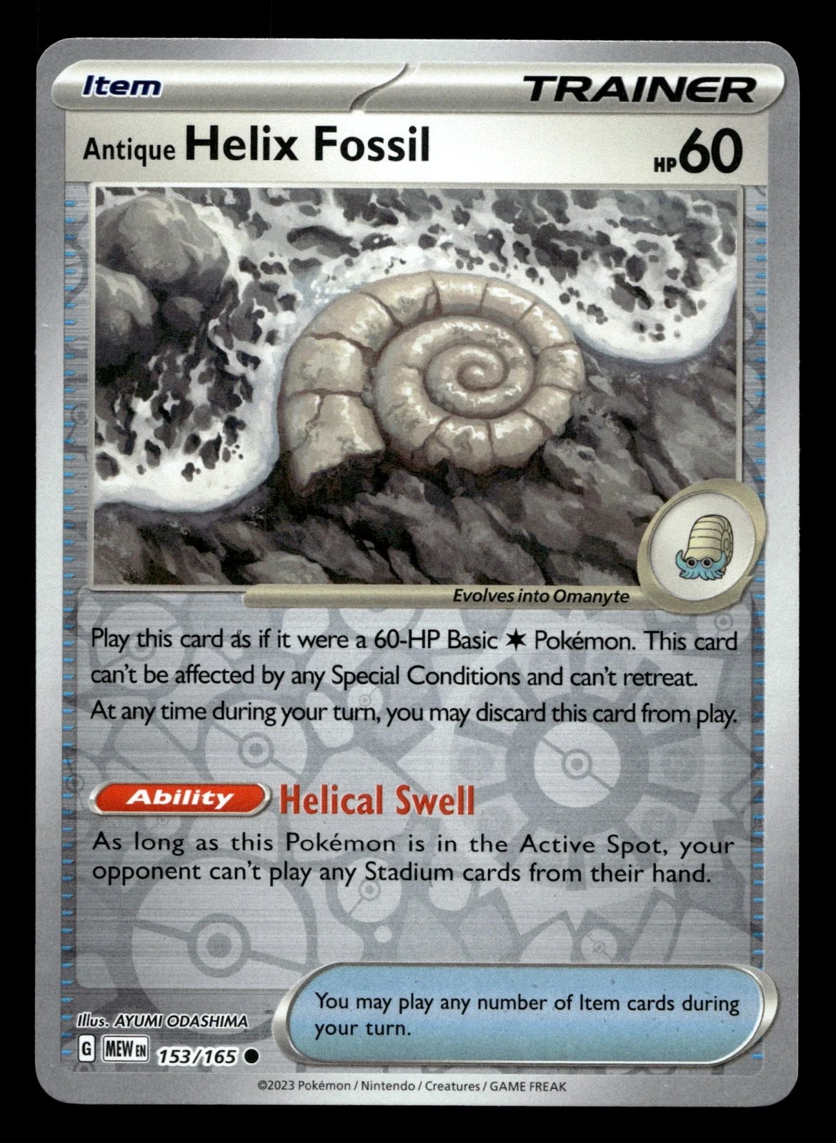 Voorkant Antique Helix Fossil 153/165 uit 151 Common Near Mint conditie Pokémon kaart productfoto