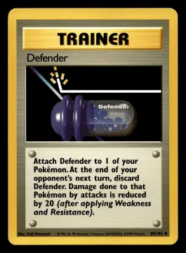 Voorkant Defender 80/102 uit Base Set Uncommon Near Mint + conditie Pokémon kaart productfoto NM+ 1