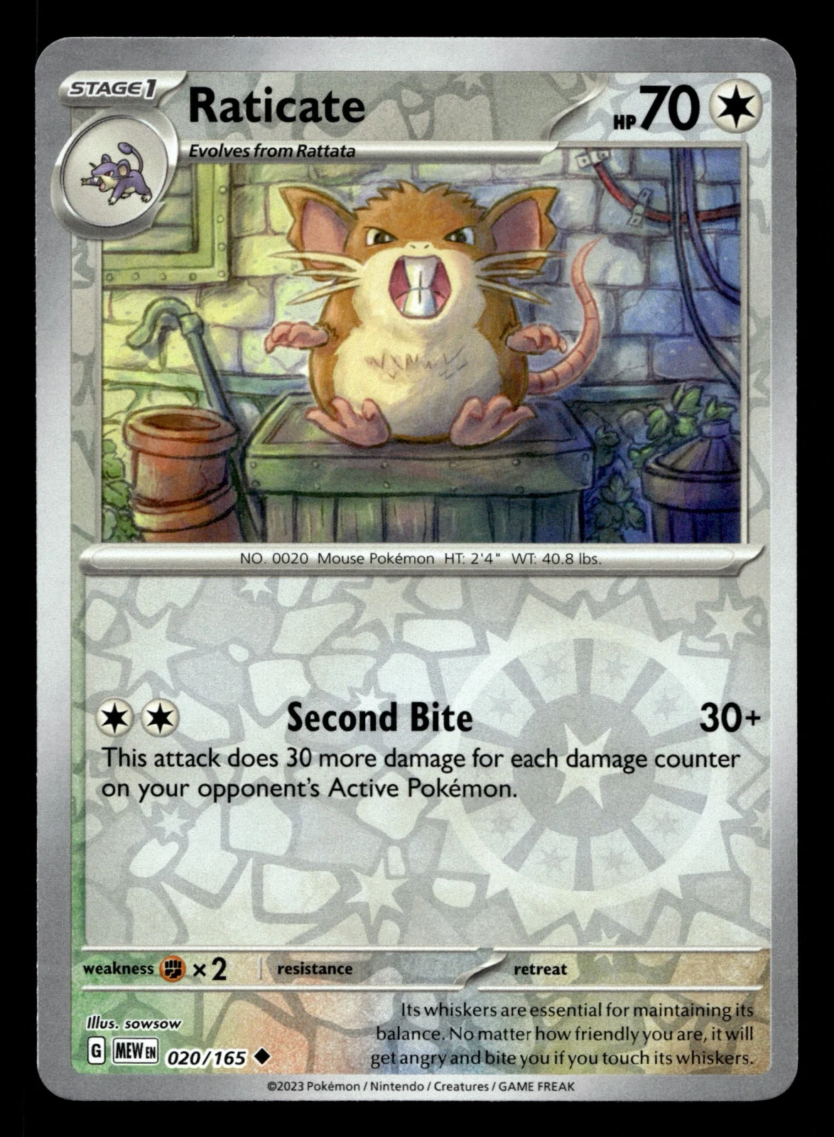 Voorkant Raticate 20/165 uit 151 Uncommon Near Mint conditie Pokémon kaart productfoto