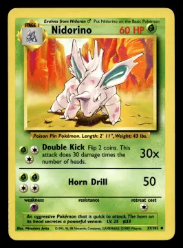 Voorkant Nidorino 37/102 uit Base Set Uncommon Near Mint - conditie Pokémon kaart productfoto NM- 1/2