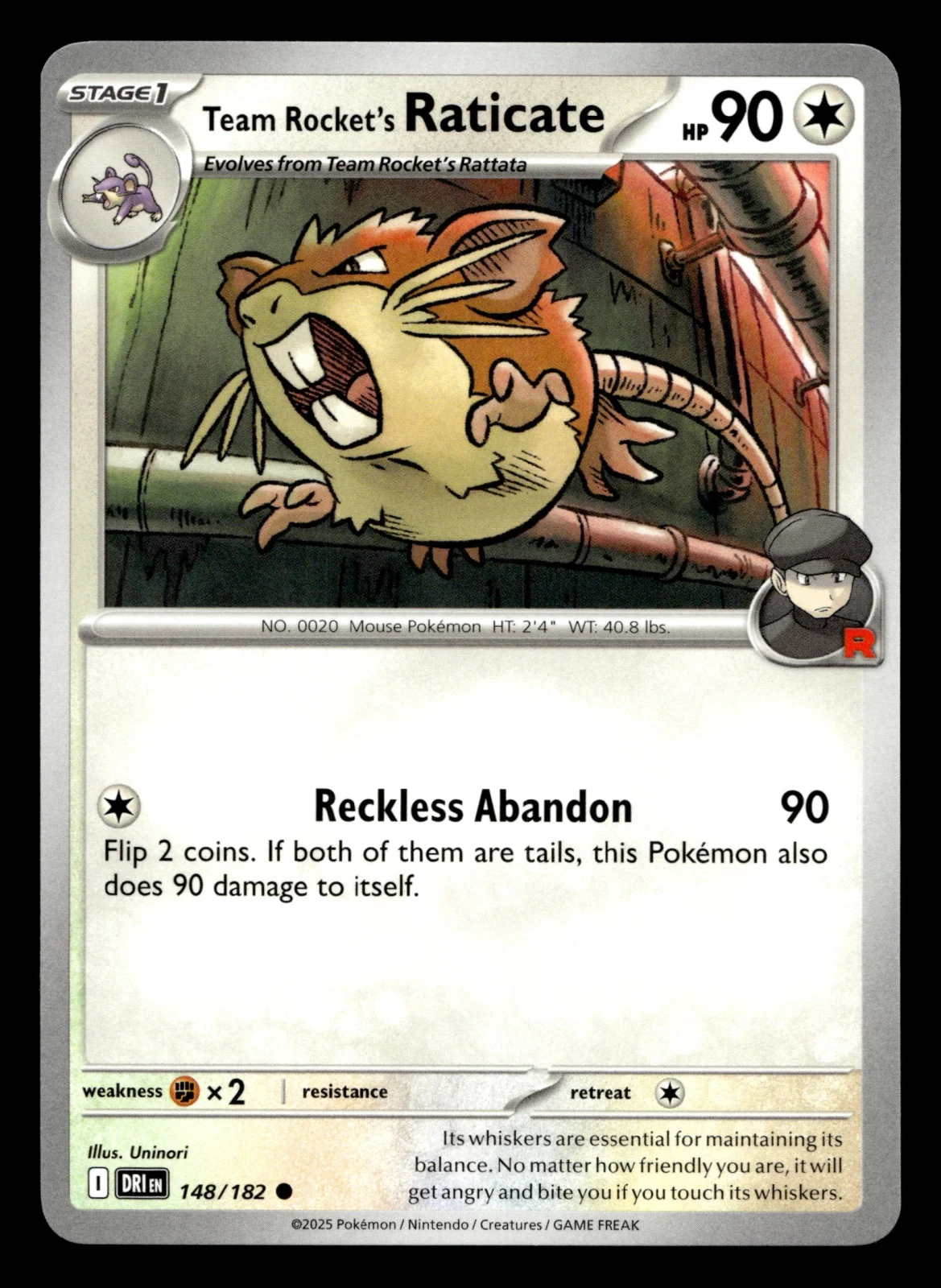 Voorkant Team Rocket's Raticate 148/182 uit Destined Rivals Common Near Mint conditie Pokémon kaart productfoto