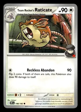 Voorkant Team Rocket's Raticate 148/182 uit Destined Rivals Common Near Mint conditie Pokémon kaart productfoto