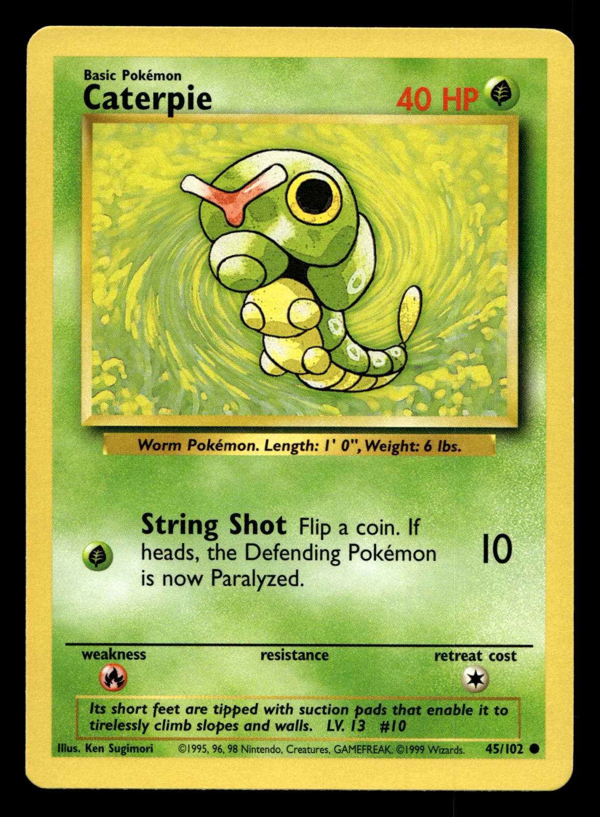 Voorkant Caterpie 45/102 uit Base Set Common Near Mint conditie Pokémon kaart productfoto NM 2/2