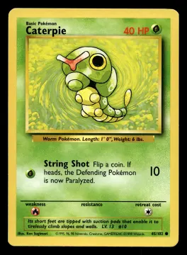 Voorkant Caterpie 45/102 uit Base Set Common Near Mint conditie Pokémon kaart productfoto NM 2/2