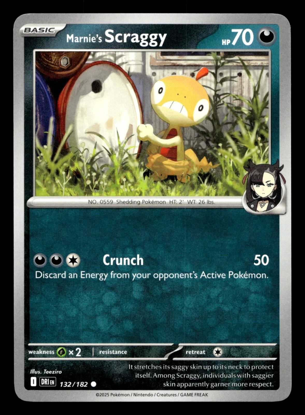Voorkant Marnie's Scraggy 132/182 uit Destined Rivals Common Near Mint conditie Pokémon kaart productfoto