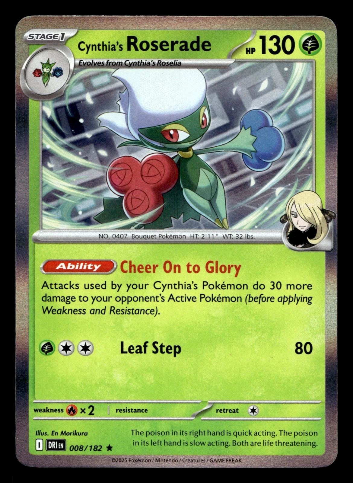 Voorkant Cynthia's Roserade 8/182 uit Destined Rivals Rare Near Mint conditie Pokémon kaart productfoto