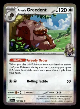 Voorkant Arven's Greedent 159/182 uit Destined Rivals Rare Near Mint conditie Pokémon kaart productfoto