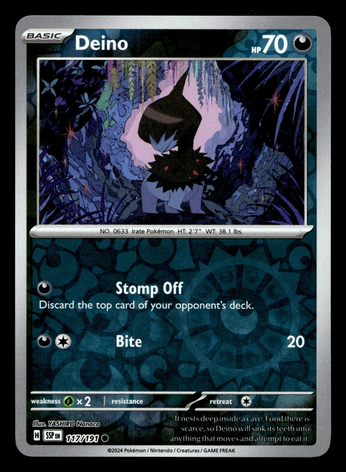 Voorkant Deino 117/191 uit Surging Sparks Common Near Mint conditie Pokémon kaart productfoto