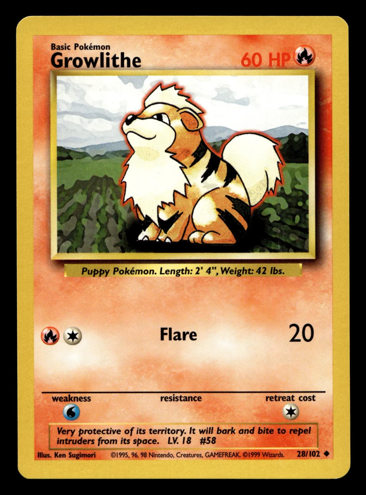 Voorkant Growlithe 28/102 uit Base Set Uncommon Near Mint conditie Pokémon kaart productfoto NM 2/3
