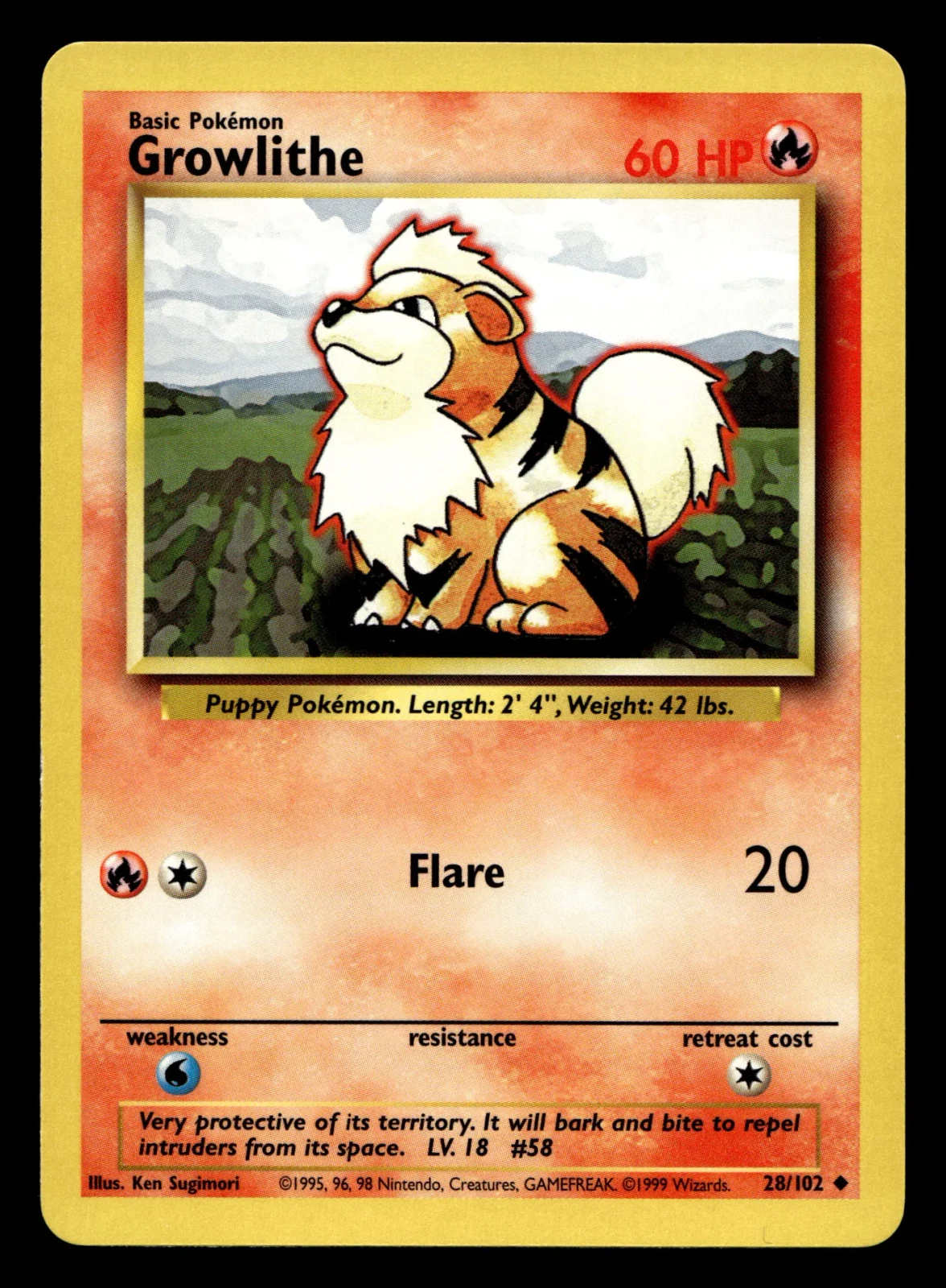 Voorkant Growlithe 28/102 uit Base Set Uncommon Near Mint conditie Pokémon kaart productfoto NM 3/3