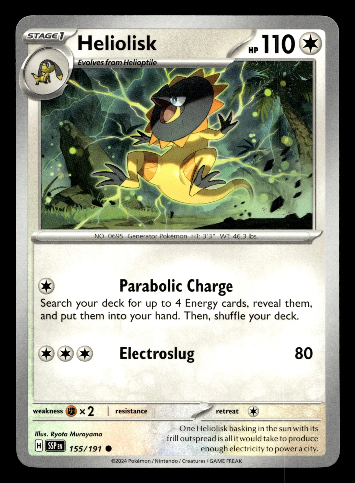 Voorkant Heliolisk 155/191 uit Surging Sparks Common Near Mint conditie Pokémon kaart productfoto