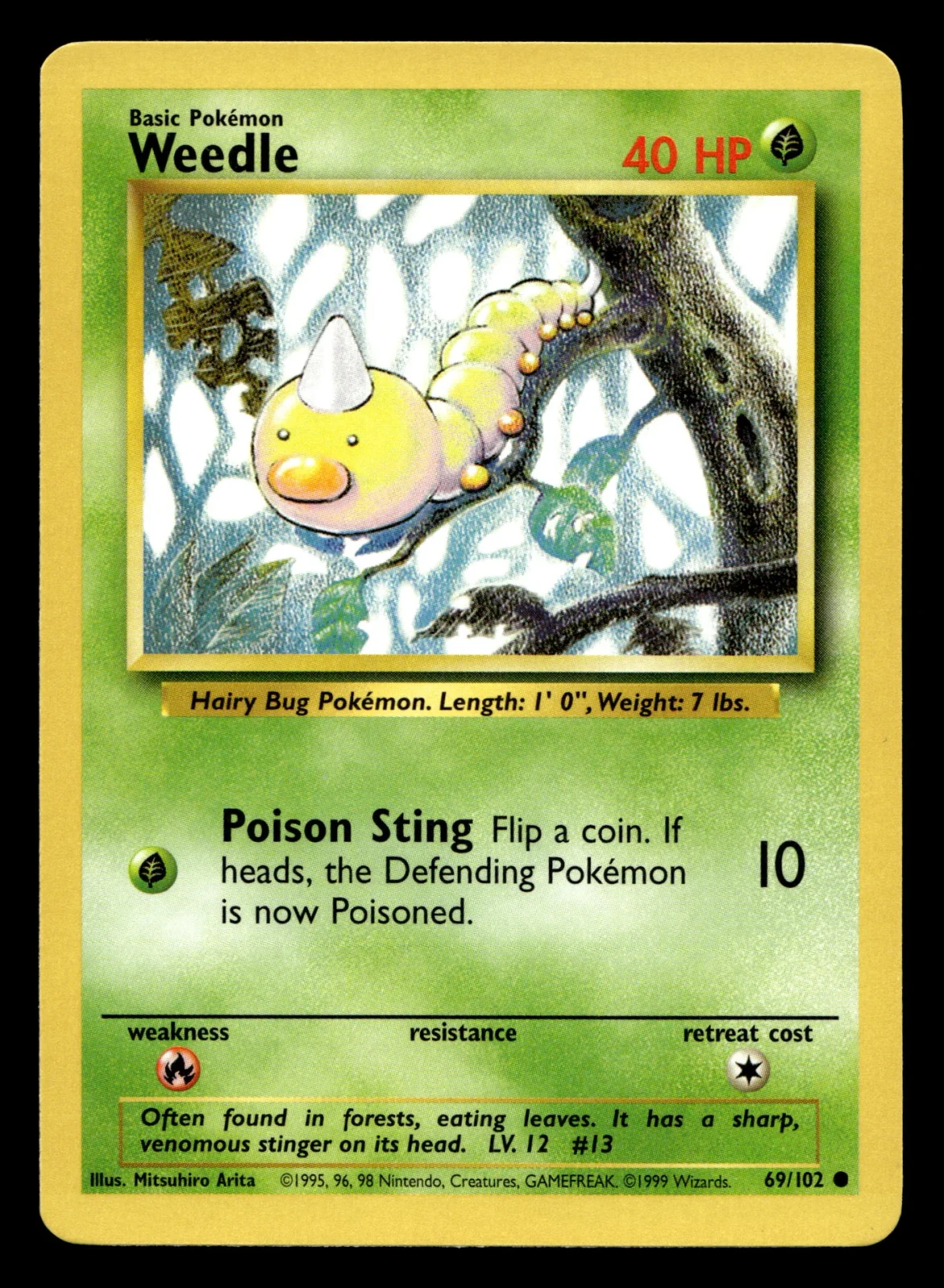 Voorkant Weedle 69/102 uit Base Set Common Near Mint - conditie Pokémon kaart productfoto NM- 3/6