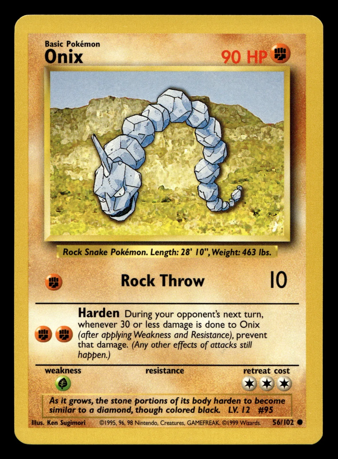 Voorkant Onix 56/102 uit Base Set Common Near Mint conditie Pokémon kaart productfoto NM 3/4