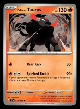 Voorkant Paldean Tauros 18/191 uit Surging Sparks Uncommon Near Mint conditie Pokémon kaart productfoto