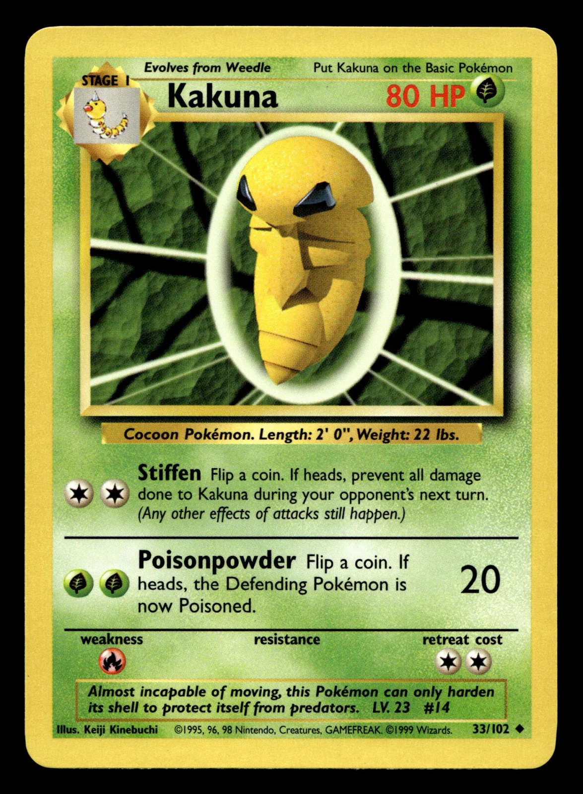 Voorkant Kakuna 33/102 uit Base Set Uncommon Excellent + conditie Pokémon kaart productfoto EX+ 2/3