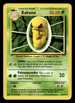 Voorkant Kakuna 33/102 uit Base Set Uncommon Excellent + conditie Pokémon kaart productfoto EX+ 2/3