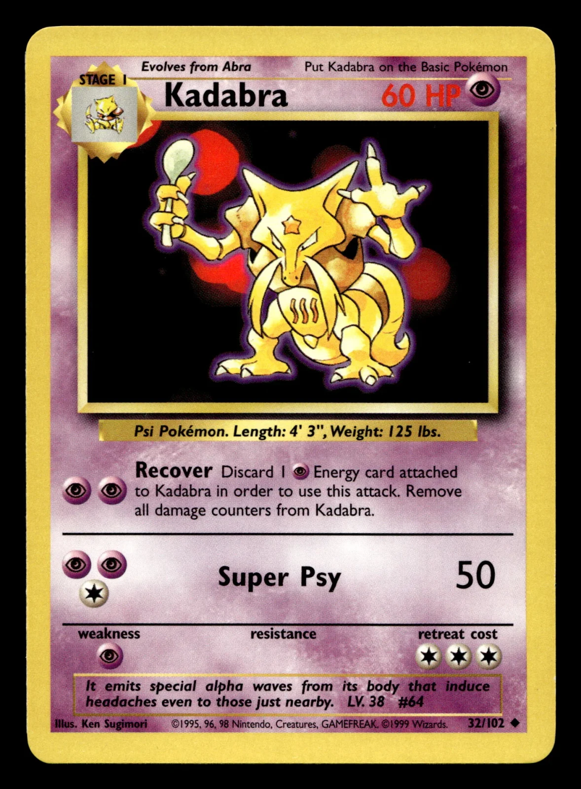 Voorkant Kadabra 32/102 uit Base Set Uncommon Near Mint - conditie Pokémon kaart productfoto NM- 2/2