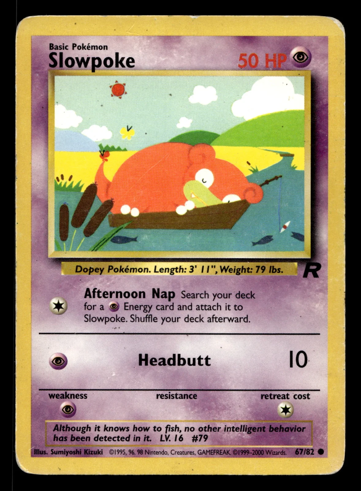 Voorkant Slowpoke 67/82 uit Team Rocket Common Played conditie Pokémon kaart productfoto