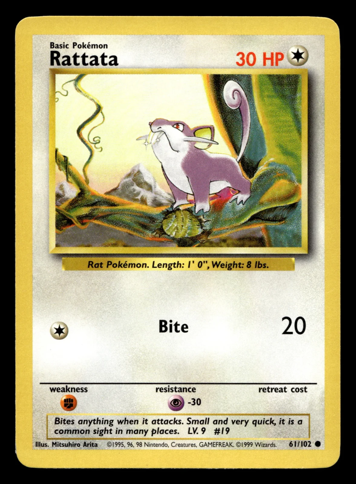 Voorkant Rattata 61/102 uit Base Set Common Near Mint - conditie Pokémon kaart productfoto NM- 1
