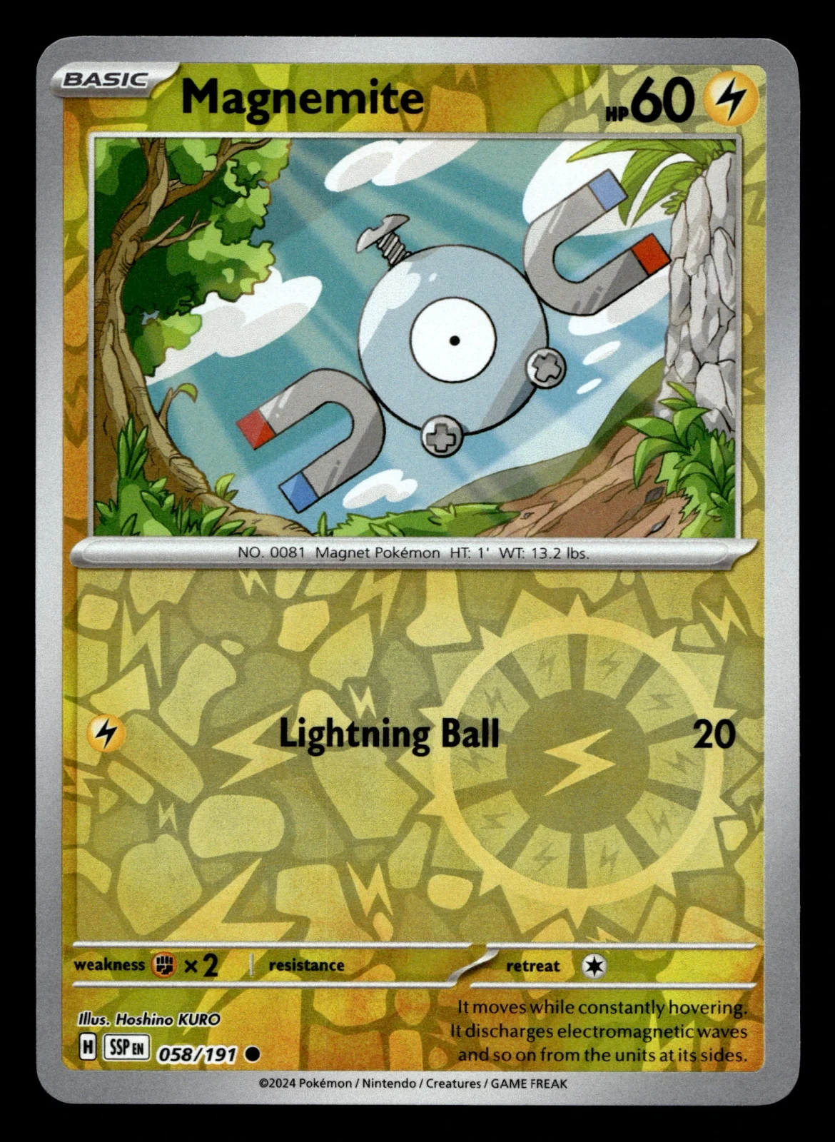 Voorkant Magnemite 58/191 uit Surging Sparks Common Near Mint conditie Pokémon kaart productfoto