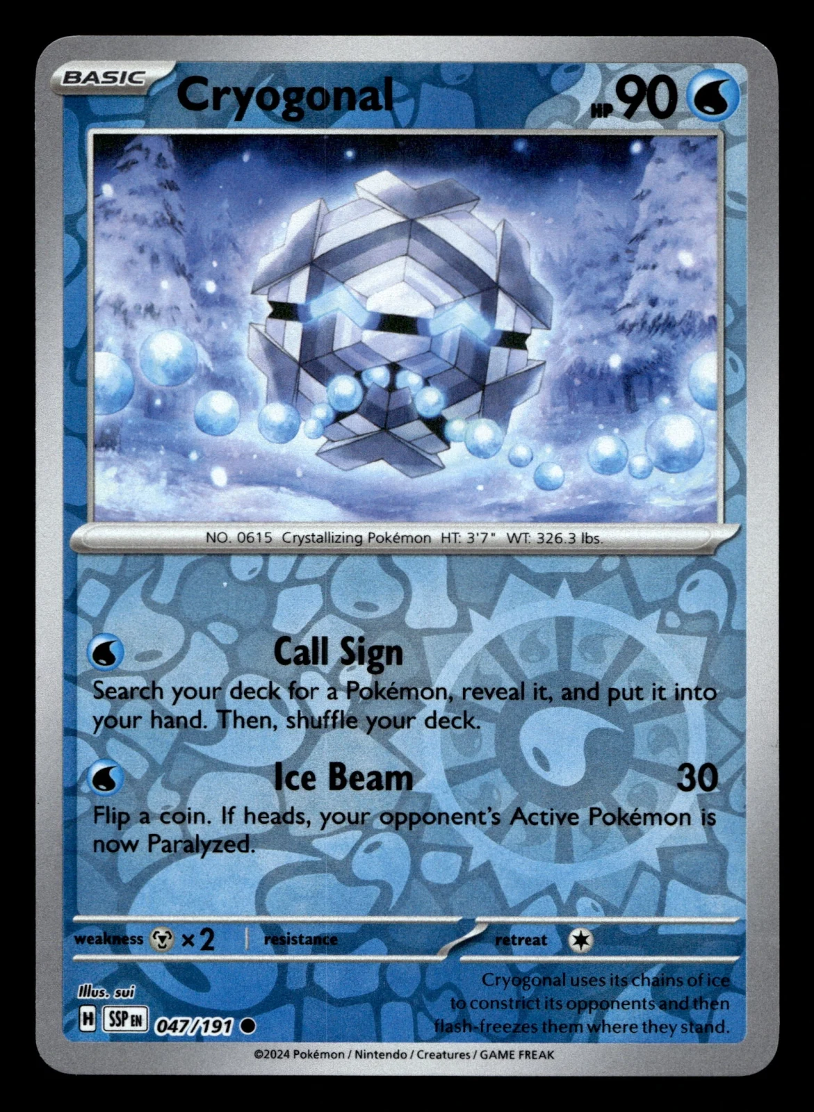 Voorkant Cryogonal 47/191 uit Surging Sparks Common Near Mint conditie Pokémon kaart productfoto