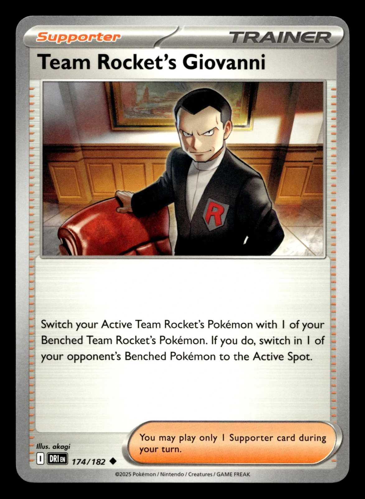 Voorkant Team Rocket's Giovanni 174/182 uit Destined Rivals Uncommon Near Mint conditie Pokémon kaart productfoto