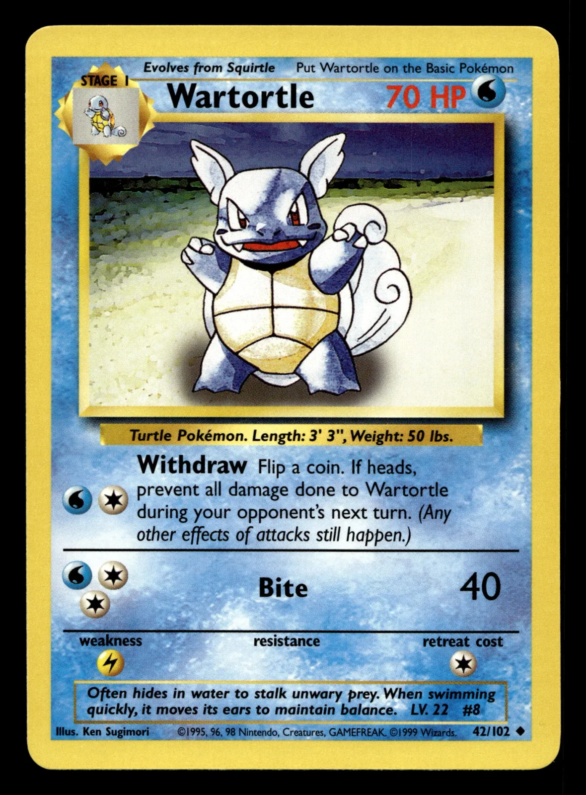 Voorkant Wartortle 42/102 uit Base Set Uncommon Near Mint - conditie Pokémon kaart productfoto NM- 3/3