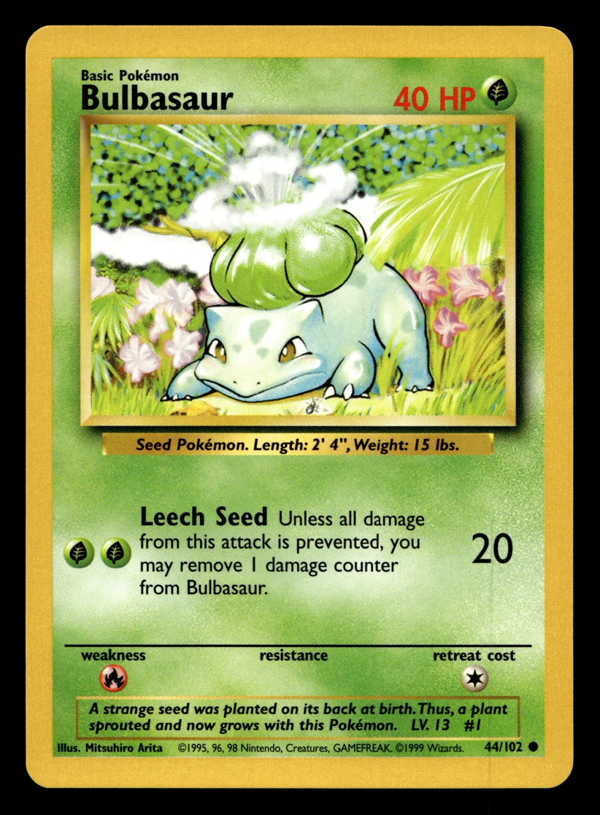 Voorkant Bulbasaur 44/102 uit Base Set Common Near Mint - conditie Pokémon kaart productfoto NM- 7/8