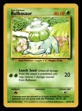 Voorkant Bulbasaur 44/102 uit Base Set Common Near Mint - conditie Pokémon kaart productfoto NM- 7/8