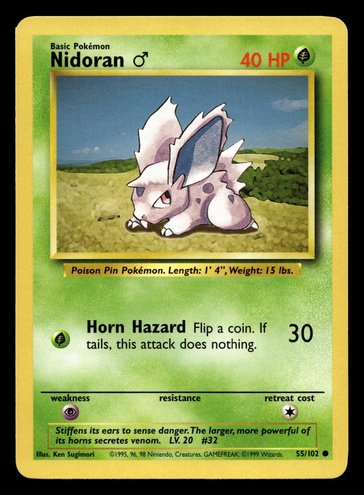 Voorkant Nidoran ♂ 55/102 uit Base Set Common Excellent + conditie Pokémon kaart productfoto EX+ 3/3