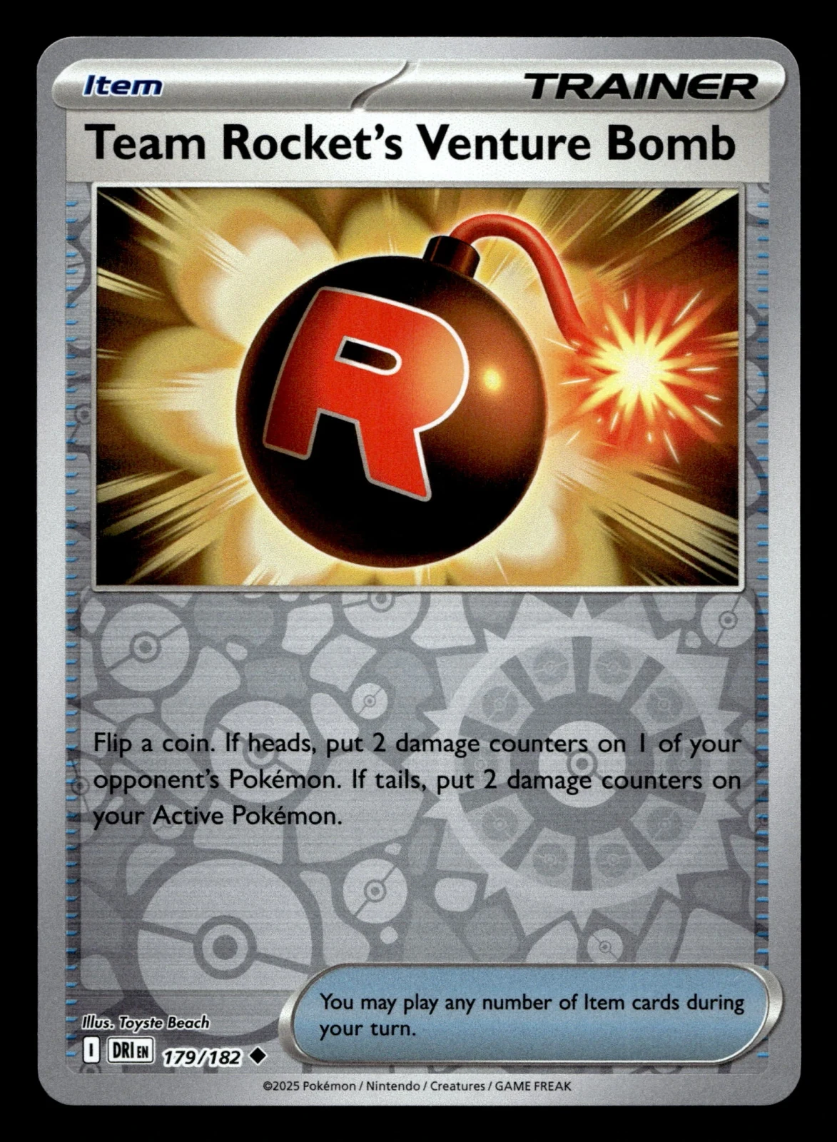 Voorkant Team Rocket's Venture Bomb 179/182 uit Destined Rivals Uncommon Near Mint conditie Pokémon kaart productfoto