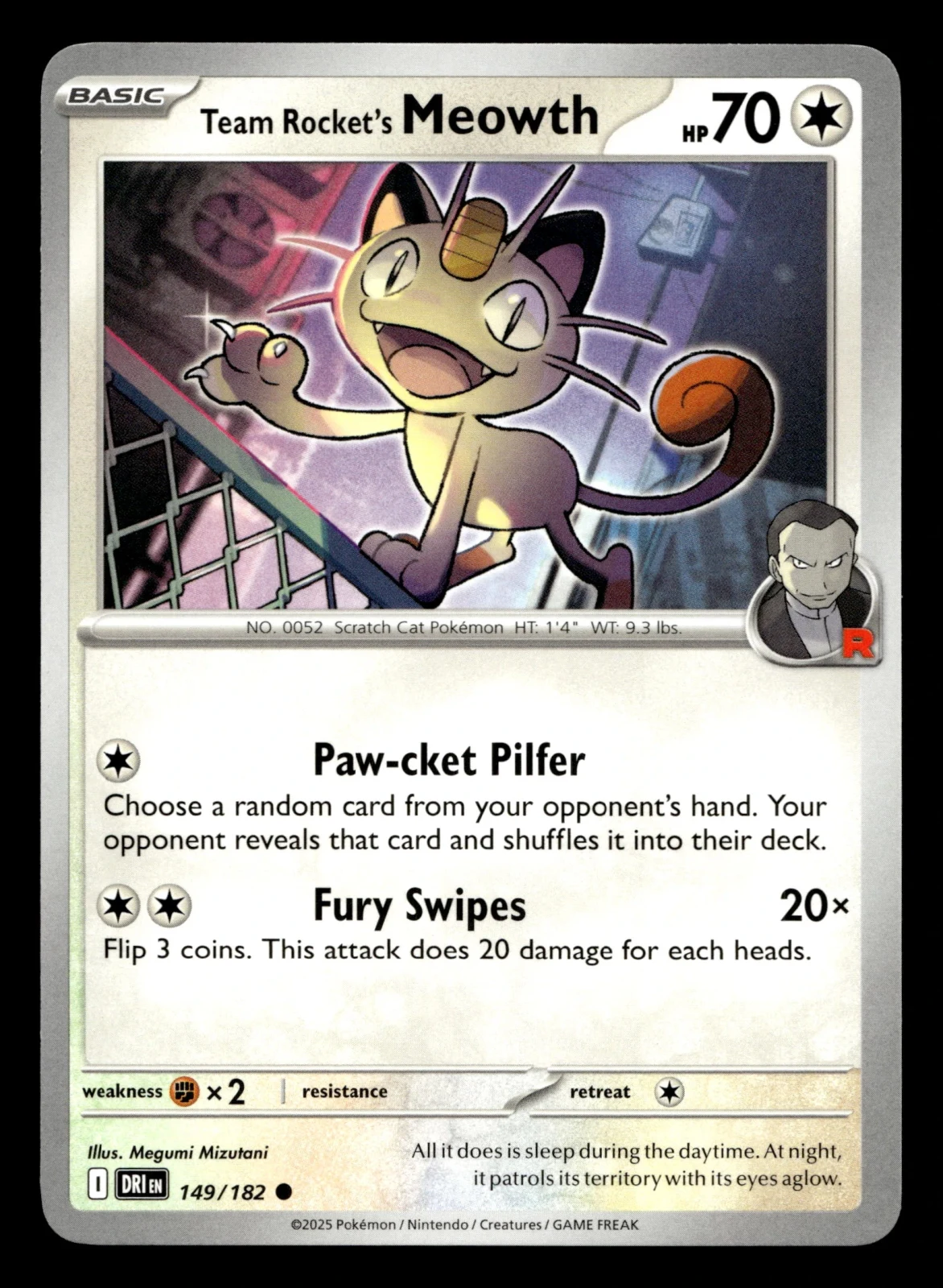 Voorkant Team Rocket's Meowth 149/182 uit Destined Rivals Common Near Mint conditie Pokémon kaart productfoto