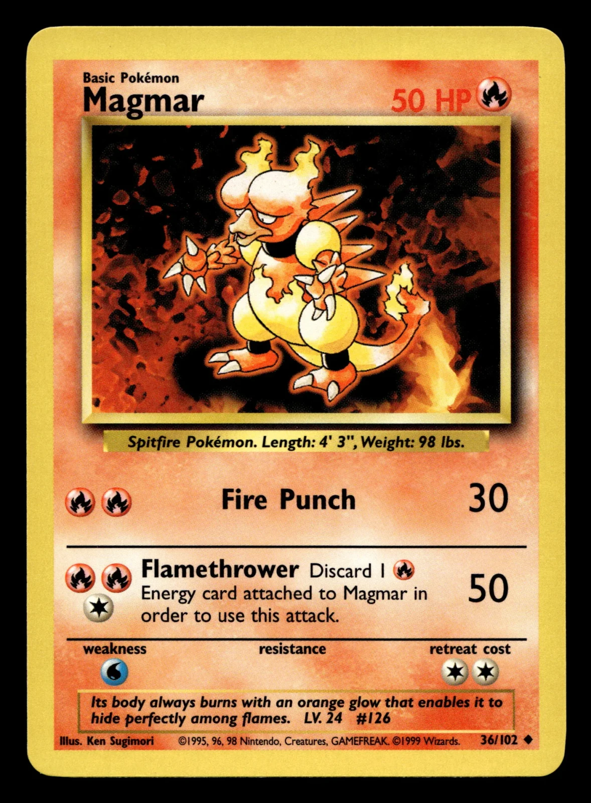 Voorkant Magmar 36/102 uit Base Set Uncommon Near Mint conditie Pokémon kaart productfoto NM 1